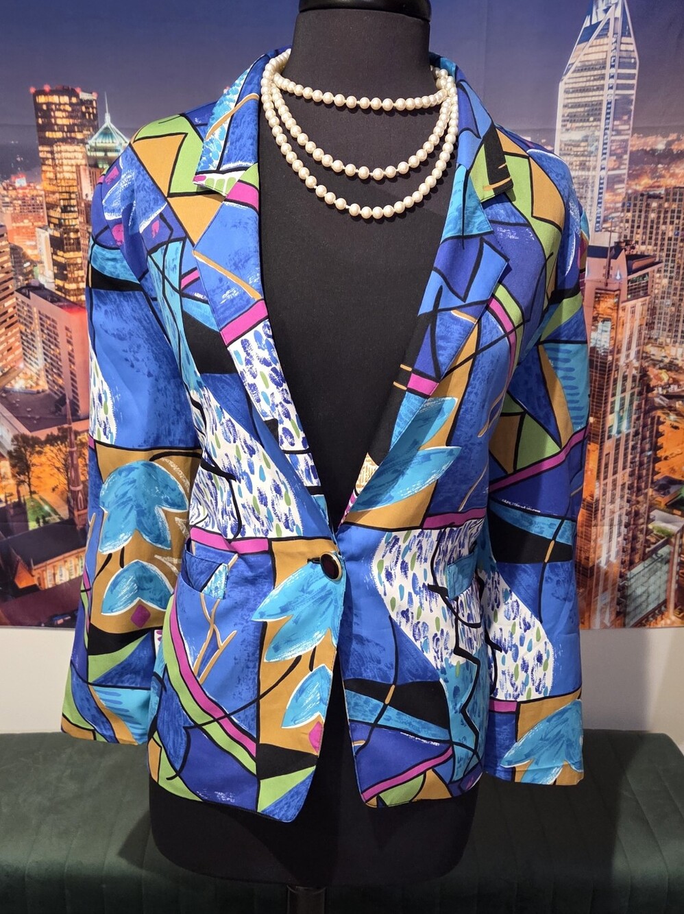 Colorblock Abstract Print Blazer - Blue, Teal & Gold